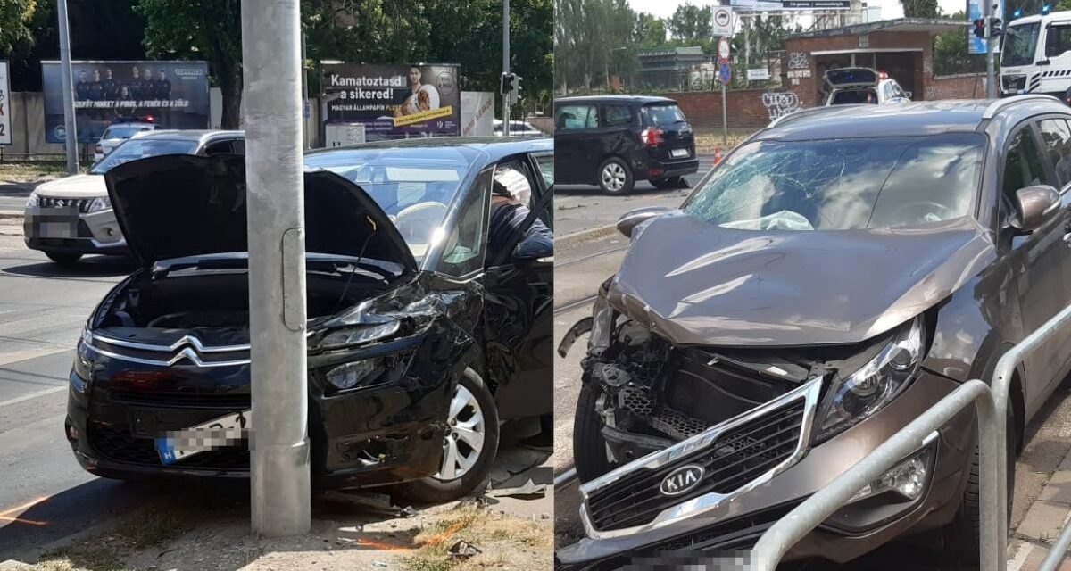 Csúnya baleset a 10. kerületben, két autó rohant egymásba, egyikük a gyalogátkelőhelyen landolt – Fotók a helyszínről