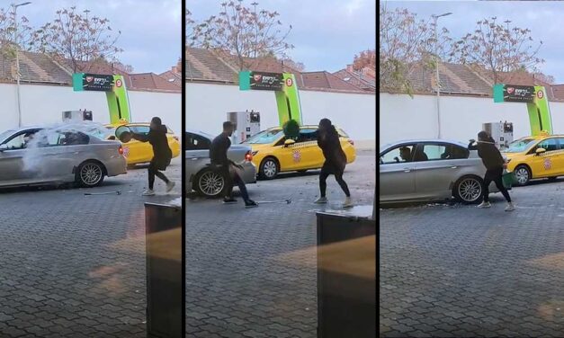 Balhé a kispesti MOL-kúton: üvöltözés, káromkodás, nekivágják a BWV-nek a szélvédőmosót, aztán repült a vödör is – VIDEÓ