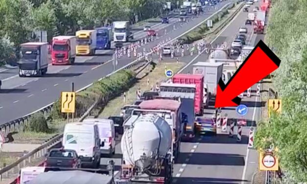 Összenyomta a kamion a pofátlan autóst az M7-esen: Centiken múlt a tömegszerencsétlenség a terelésnél – VIDEÓ