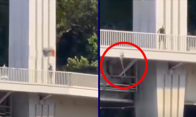 Dunába dobta a szivárványos zászlókat egy ismeretlen az Erzsébet hídról, a megafonosok ünneplik a rongálót – videó a cikkben